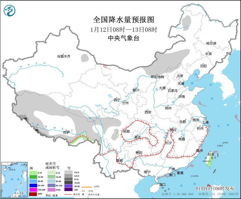 图3 全国降水量预报图(1月12日08时-13日08时)